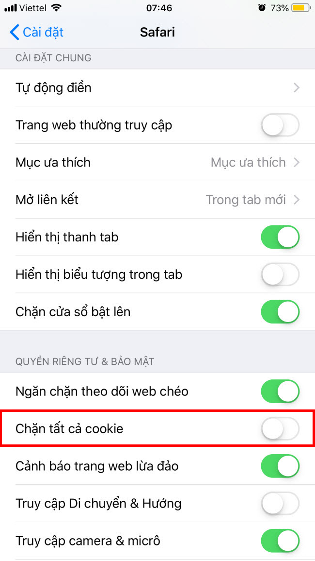 Cach Bat Tat Cookie trong trinh duyet tren iPhone hinh 3