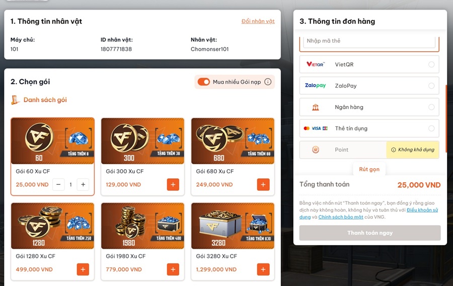 Trên web cổng thanh toán VNG nạp xu CF